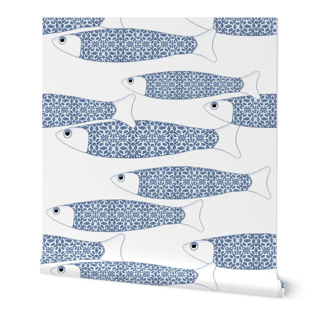 Ocean Shoal Wallpaper - Navy Blue on White