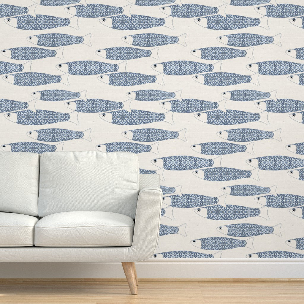Ocean Shoal Wallpaper - Navy Blue on White