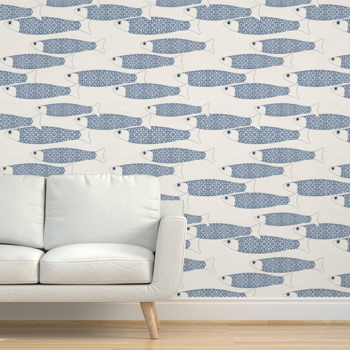 Ocean Shoal Wallpaper - Navy Blue on White