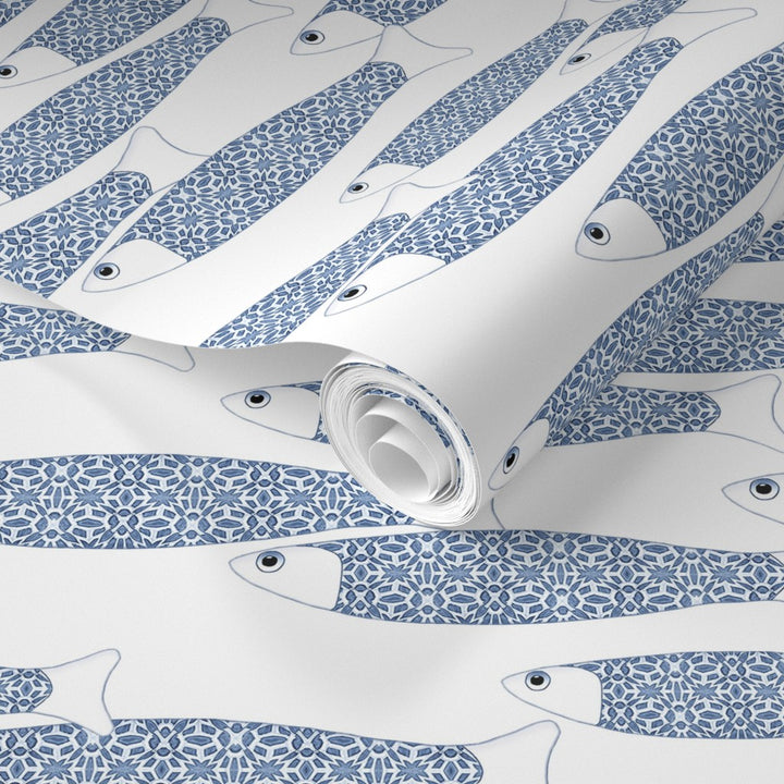 Ocean Shoal Wallpaper - Navy Blue on White - Medium Scale