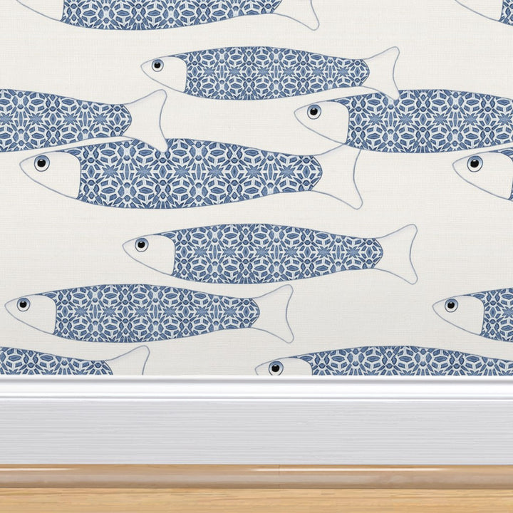 Ocean Shoal Wallpaper - Navy Blue on White