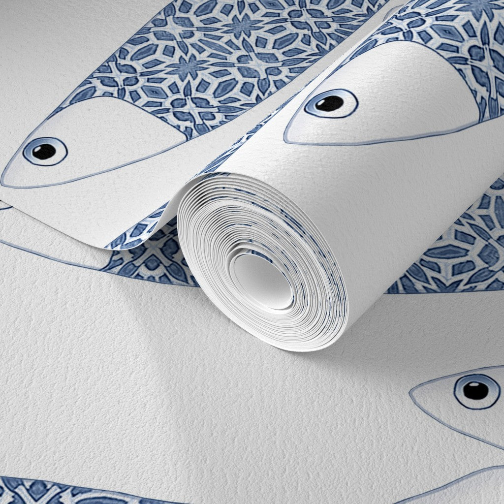 Ocean Shoal Wallpaper - Navy Blue on White