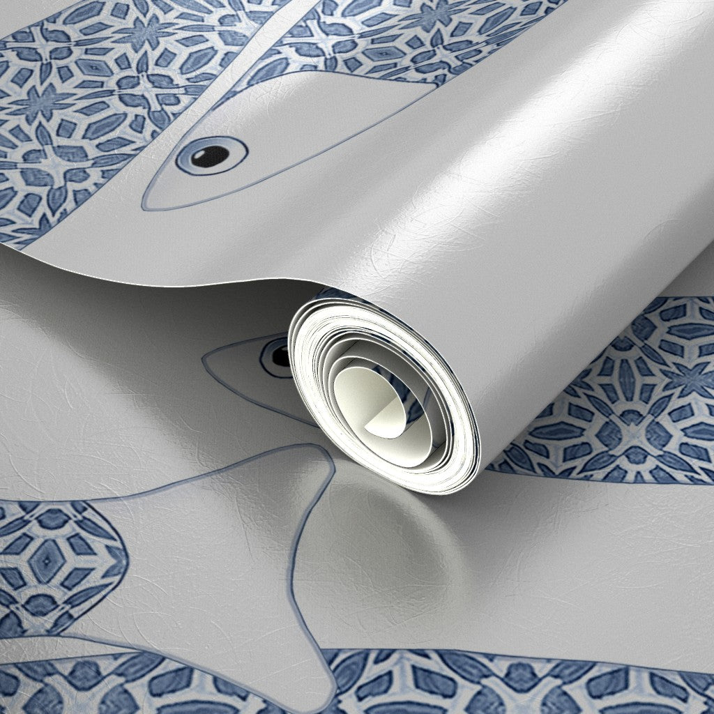 Ocean Shoal Wallpaper - Navy Blue on White