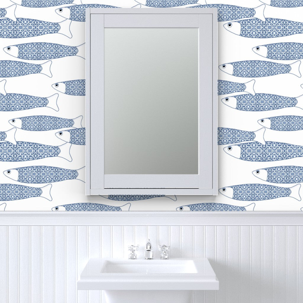 Ocean Shoal Wallpaper - Navy Blue on White