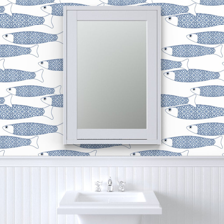Ocean Shoal Wallpaper - Navy Blue on White