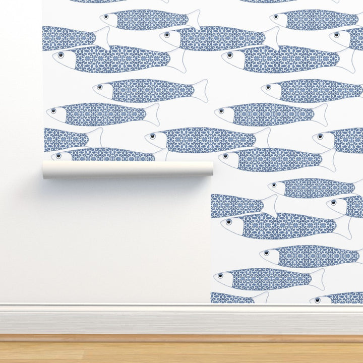 Ocean Shoal Wallpaper - Navy Blue on White