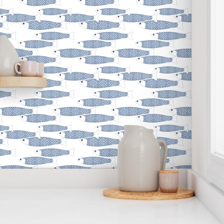 Ocean Shoal Wallpaper - Navy Blue on White - Medium Scale