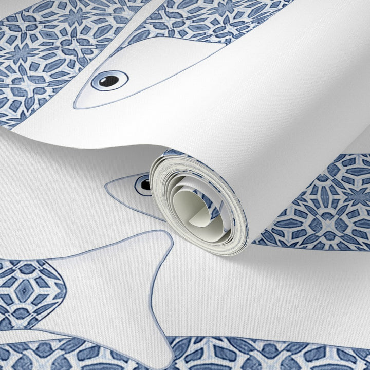 Ocean Shoal Wallpaper - Navy Blue on White