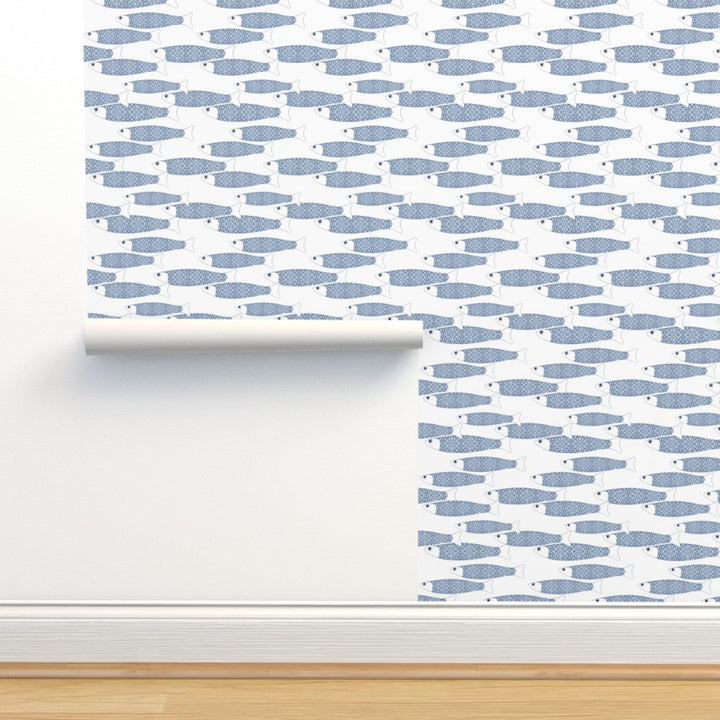 Ocean Shoal Wallpaper - Navy Blue on White - Medium Scale