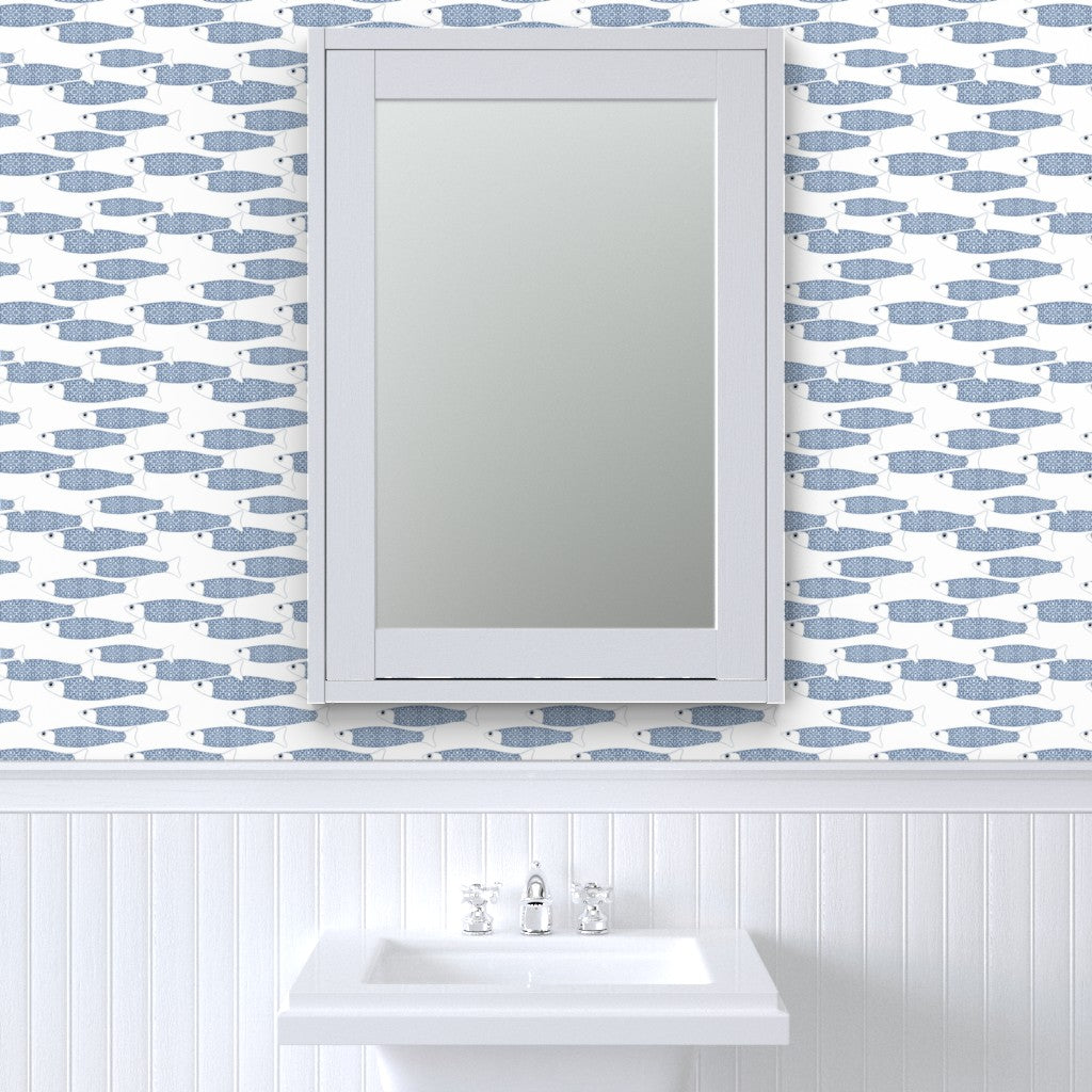 Ocean Shoal Wallpaper - Navy Blue on White - Medium Scale