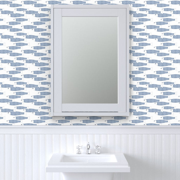Ocean Shoal Wallpaper - Navy Blue on White - Medium Scale