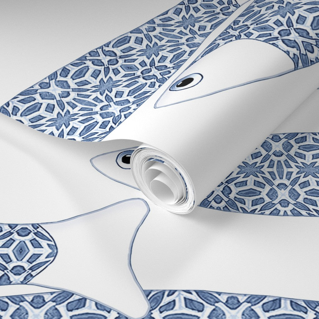 Ocean Shoal Wallpaper - Navy Blue on White