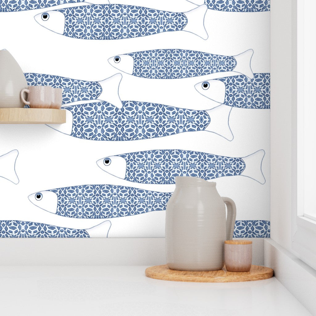 Ocean Shoal Wallpaper - Navy Blue on White