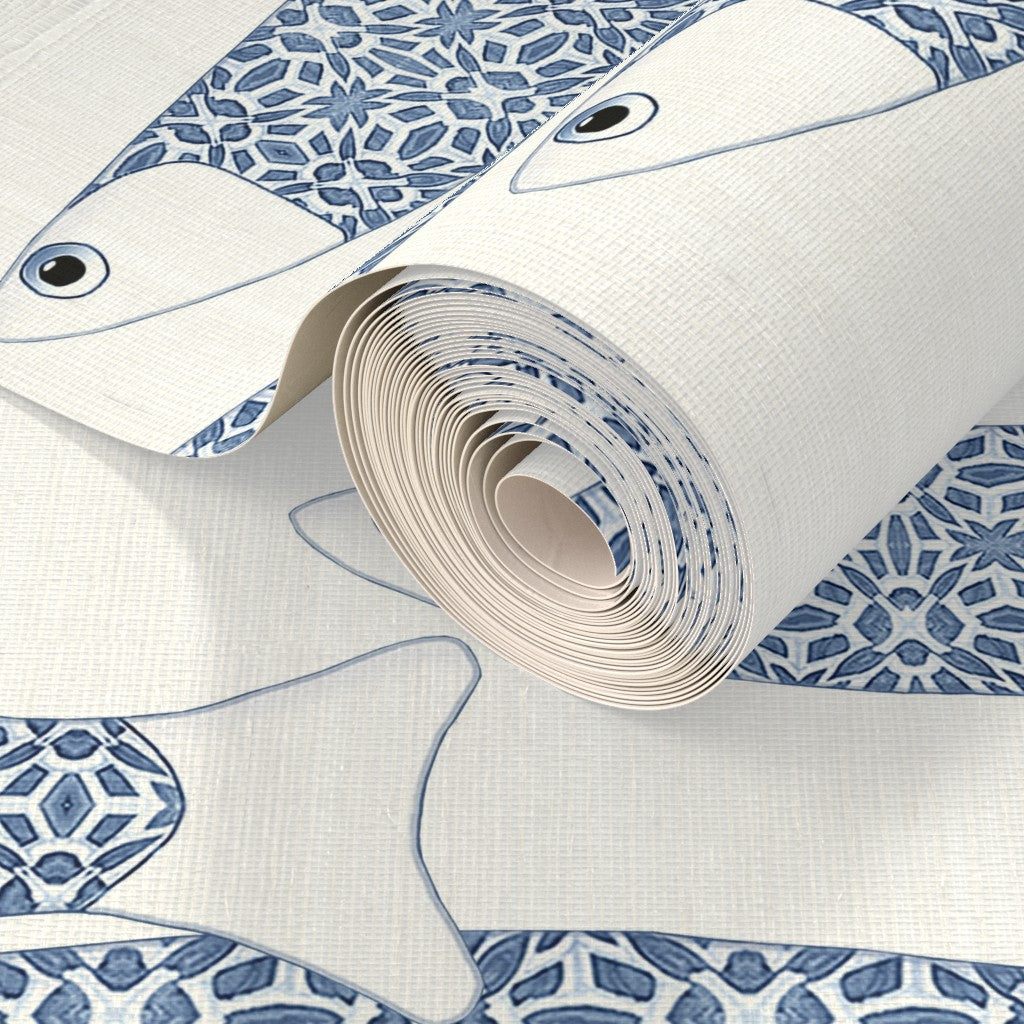 Ocean Shoal Wallpaper - Navy Blue on White