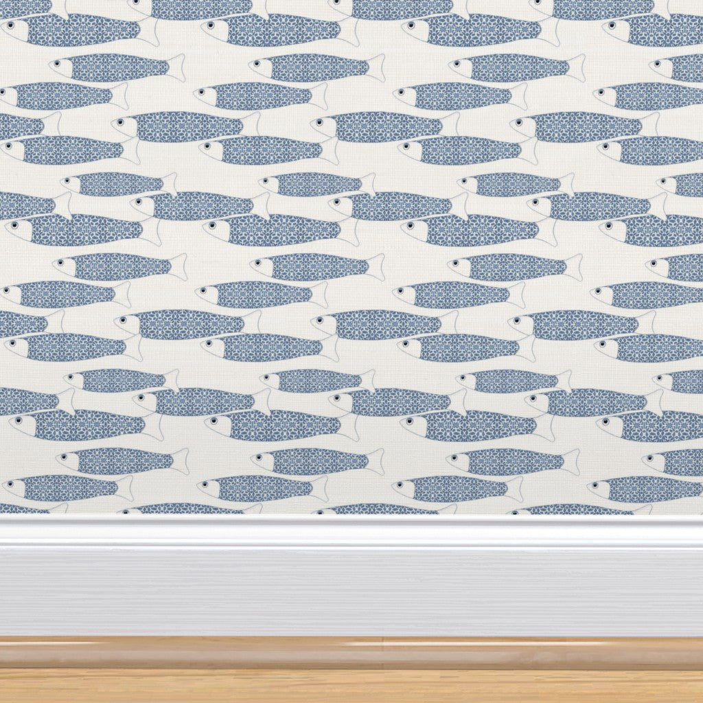 Ocean Shoal Wallpaper - Navy Blue on White - Medium Scale