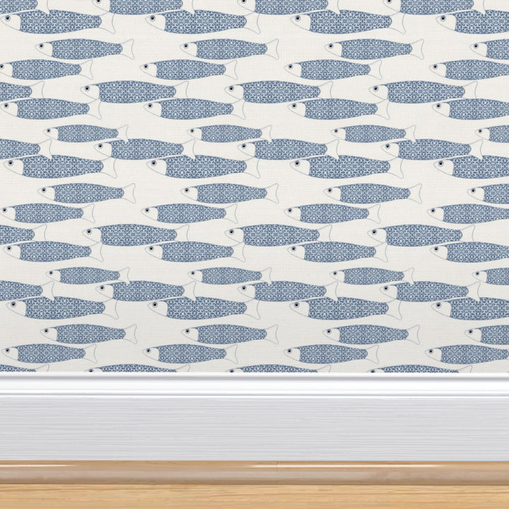 Ocean Shoal Wallpaper - Navy Blue on White - Medium Scale