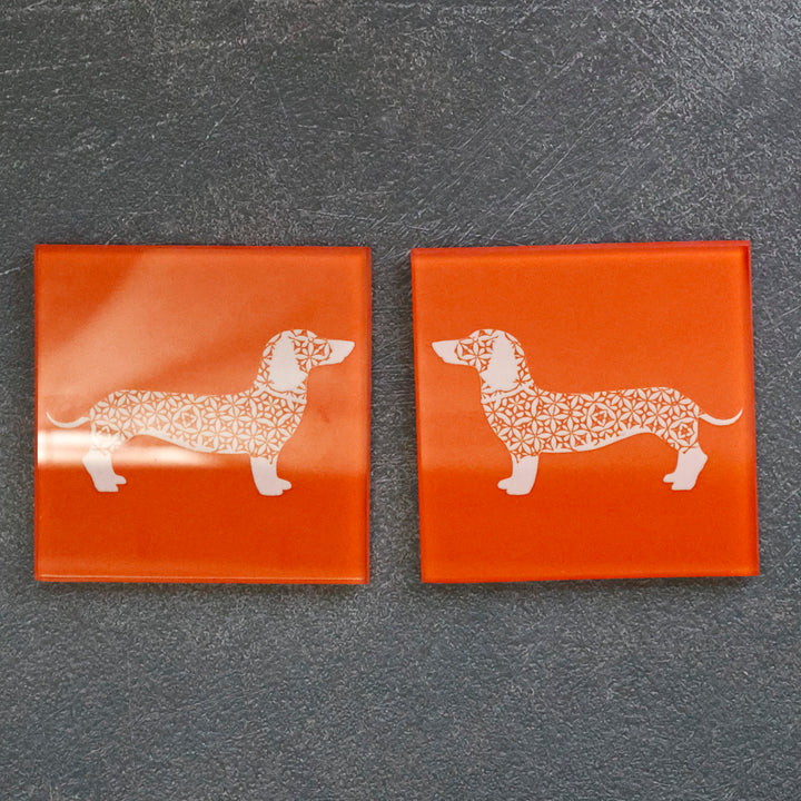 White Dachshund on Orange - Coasters