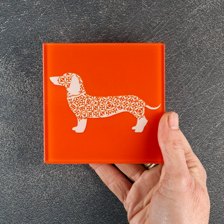 White Dachshund on Orange - Coasters