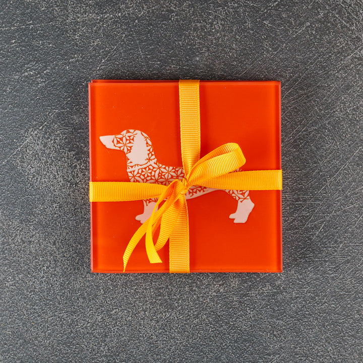 White Dachshund on Orange - Coasters