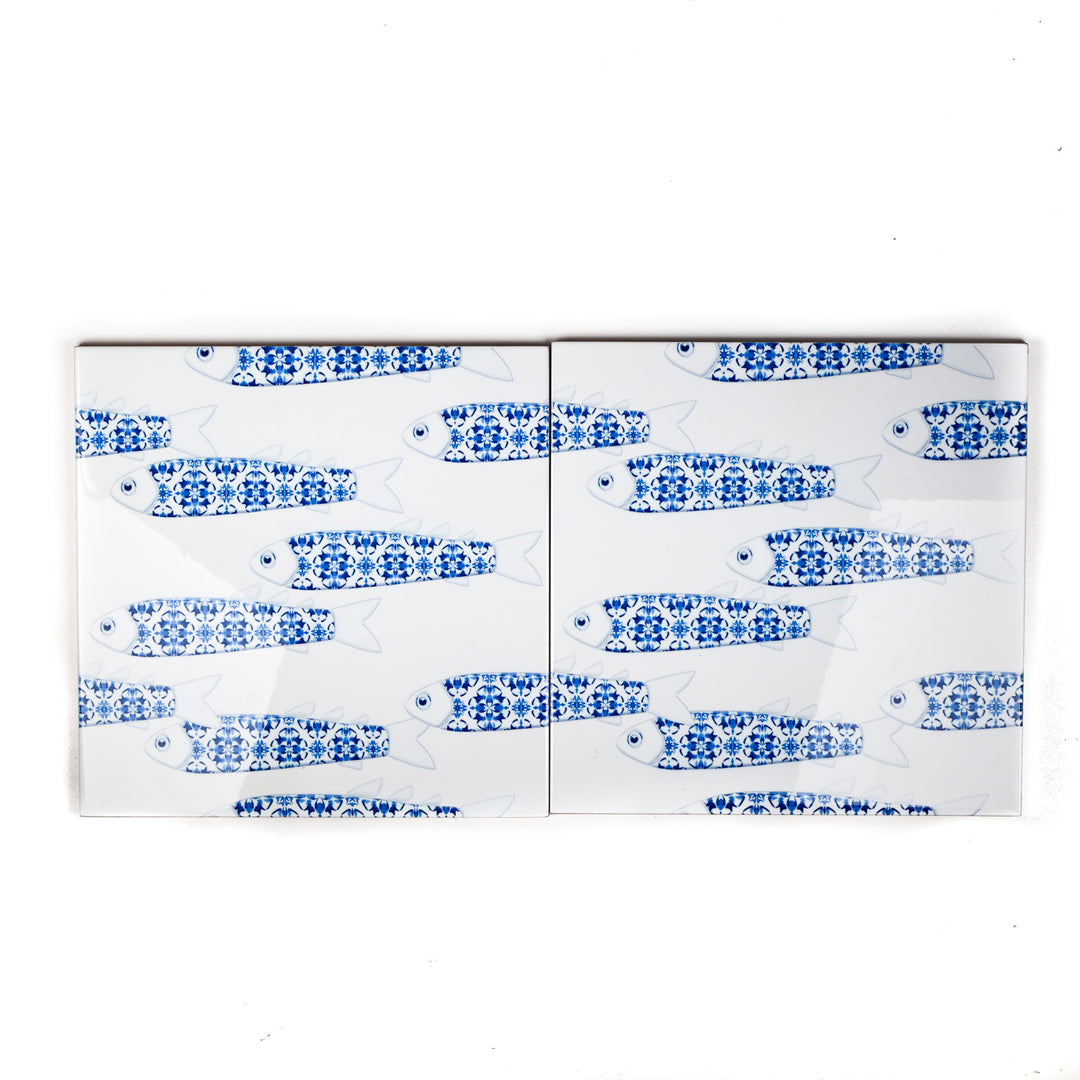 SALE - Set of 2x 20cm Blue "Delft Danio" Fish on White (prototype) tiles