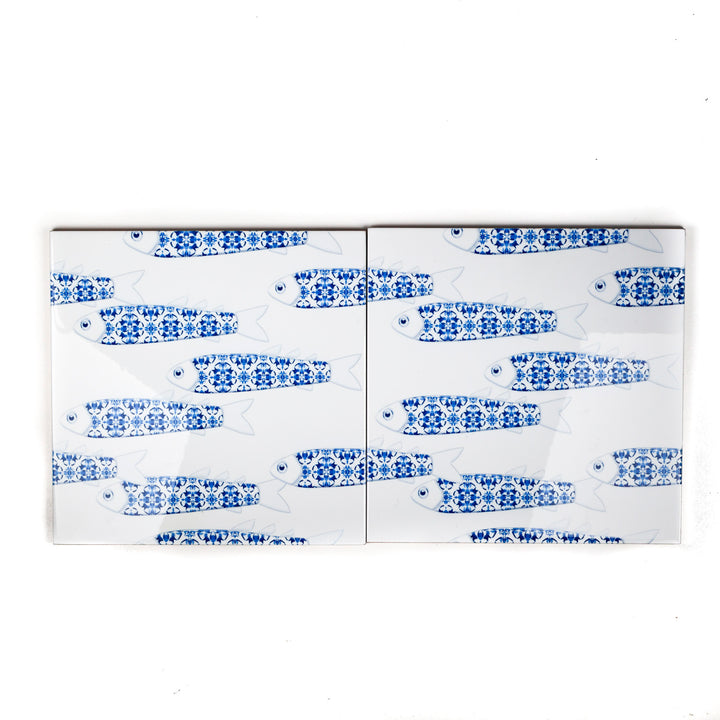 SALE - Set of 2x 20cm Blue "Delft Danio" Fish on White (prototype) tiles