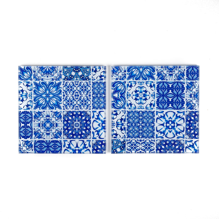SALE - 2 x Small Mixed Tiles - Blue &amp; White - square glass coasters