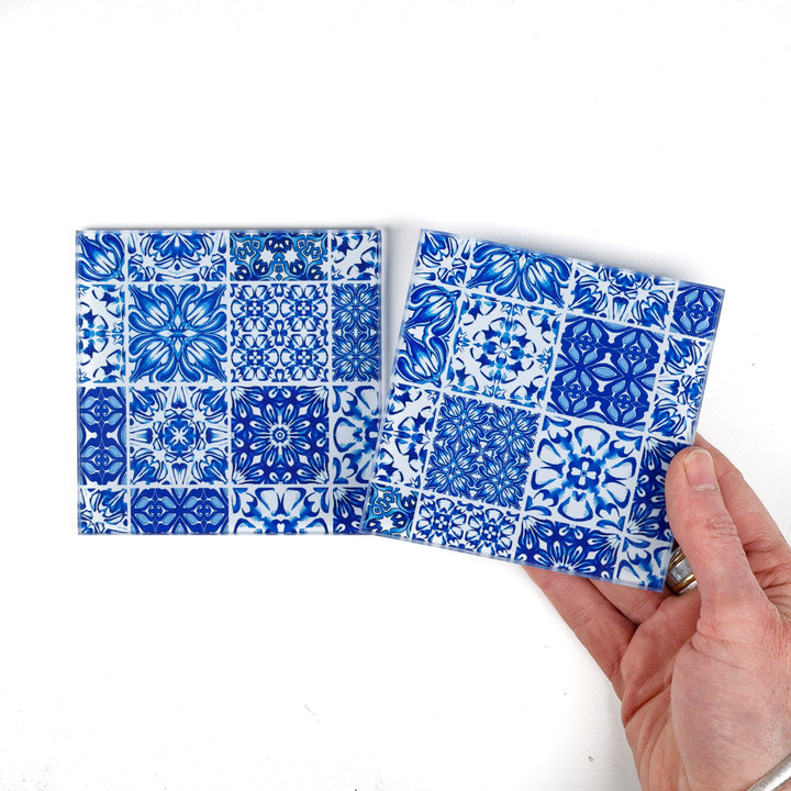 SALE - 2 x Small Mixed Tiles - Blue &amp; White - square glass coasters