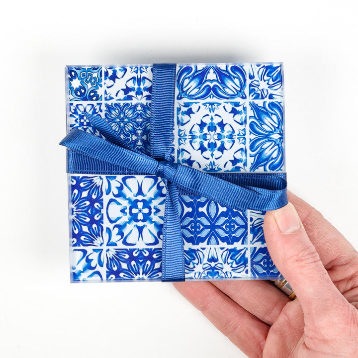 SALE - 2 x Small Mixed Tiles - Blue &amp; White - square glass coasters