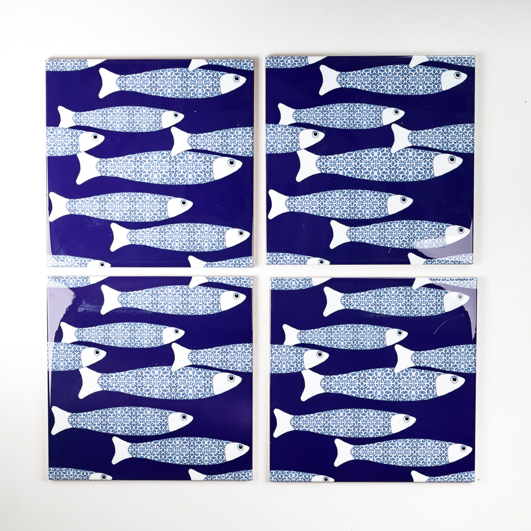 SALE SECOND SET - 4 x 20cm - Navy Blue Ocean Shoal tiles