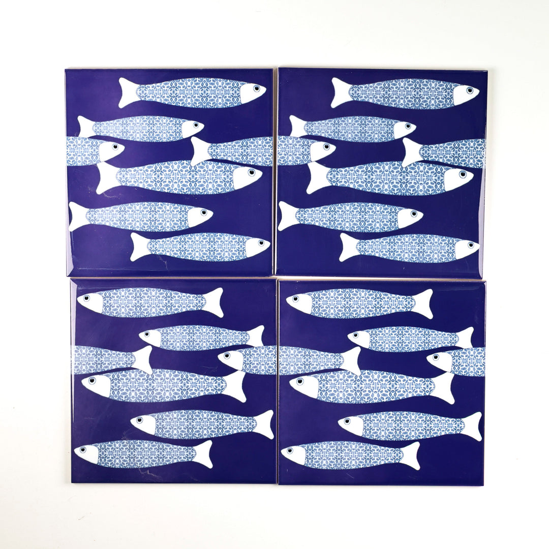 SALE  - SET OF 4 x 15.2cm (6in)-  Navy Blue Ocean Shoal Border tiles