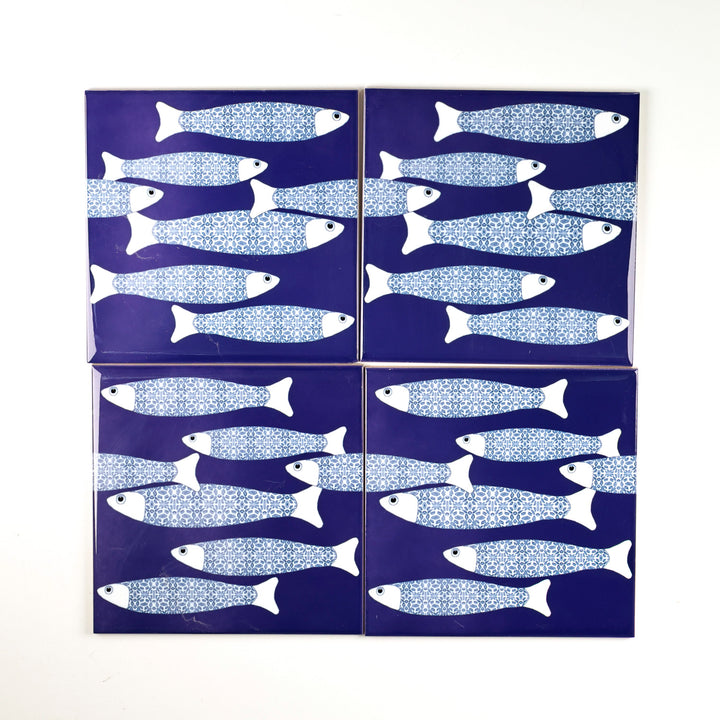 SALE  - SET OF 4 x 15.2cm (6in)-  Navy Blue Ocean Shoal Border tiles