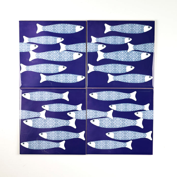 SALE  - SET OF 4 x 15.2cm (6in)-  Navy Blue Ocean Shoal Border tiles