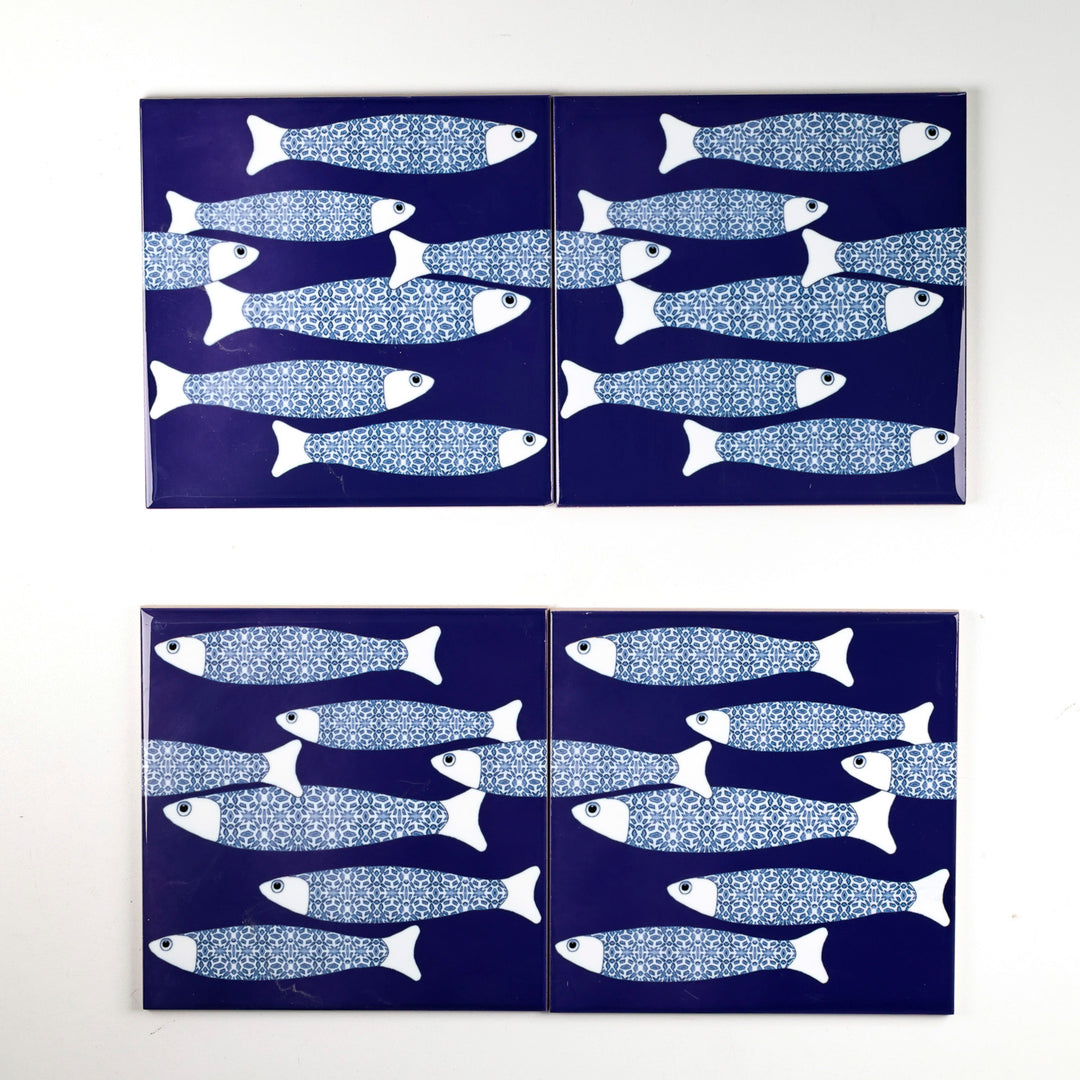 SALE  - SET OF 4 x 15.2cm (6in)-  Navy Blue Ocean Shoal Border tiles