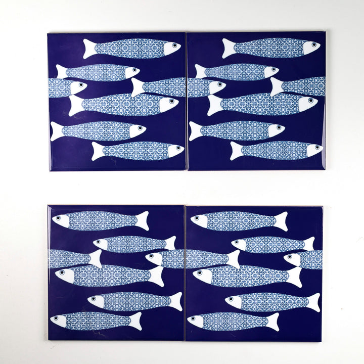 SALE  - SET OF 4 x 15.2cm (6in)-  Navy Blue Ocean Shoal Border tiles