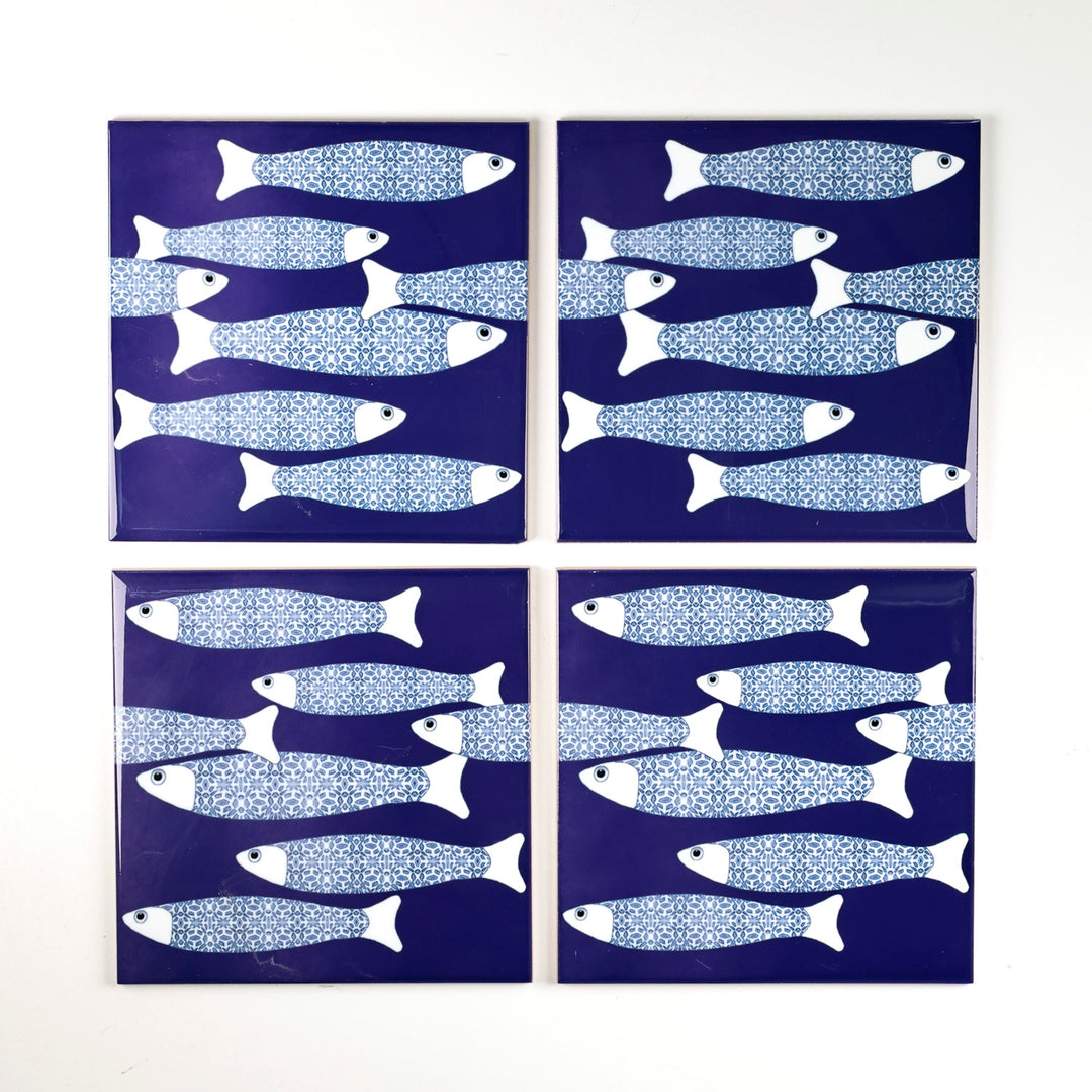 SALE  - SET OF 4 x 15.2cm (6in)-  Navy Blue Ocean Shoal Border tiles