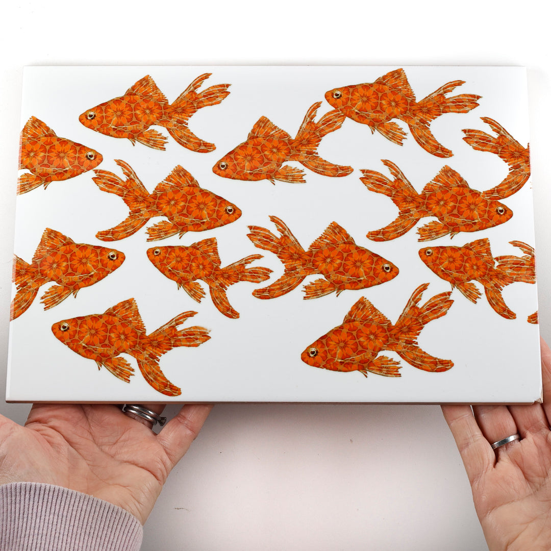 SALE SECOND - 1 x Goldfish on white - Rectangular Tile - 30x20cm (12x8 inches)