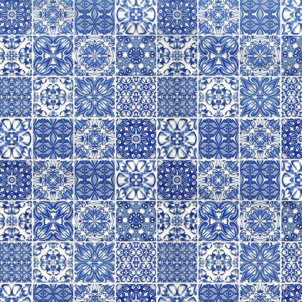 Pattern of blue and white tiles with various geometric designs.