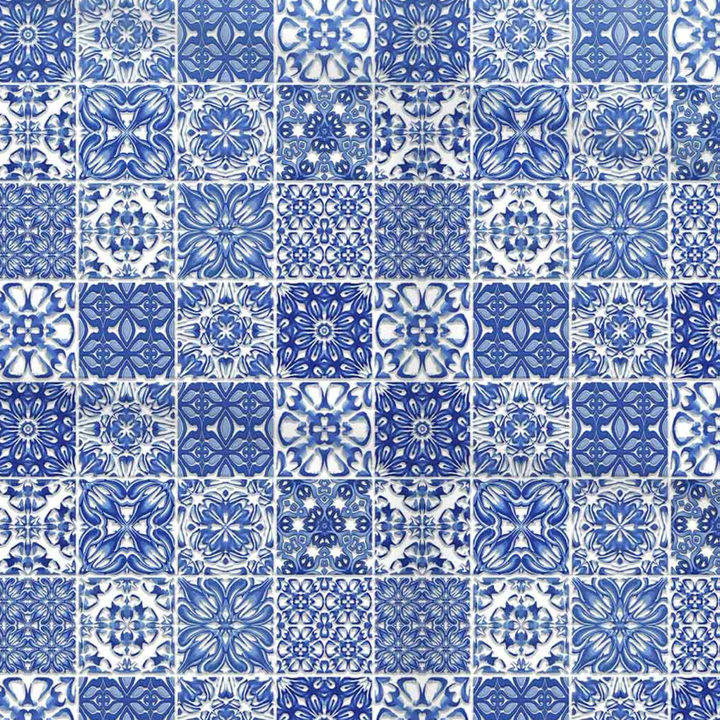 Pattern of blue and white tiles with various geometric designs.
