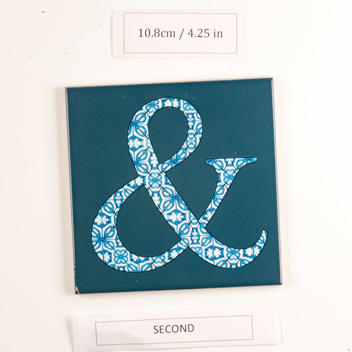 SALE -  Single Ceramic Blue Flower Ampersand "&amp;" on Teal (10.8cm)