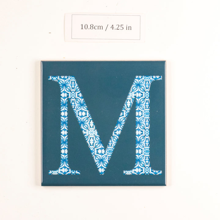 SALE -  Single Ceramic Alphabet Tile -  Letter "M" (blue on teal) (10.8cm)