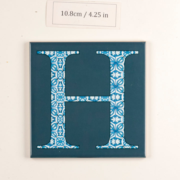 SALE -  Single Ceramic Alphabet Tile -  Letter "H" (blue on teal) (10.8cm)
