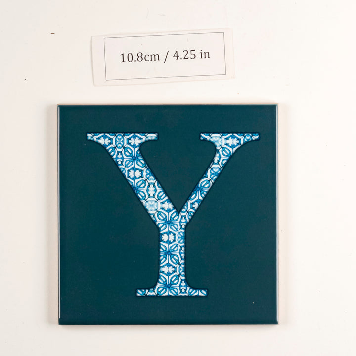SALE -  Single Ceramic Alphabet Tile -  Letter "Y" (blue on teal) (10.8cm)