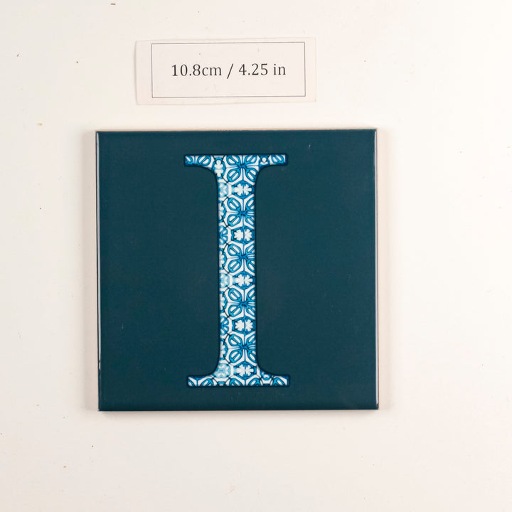 SALE -  Single Ceramic Alphabet Tile -  Letter "I" (blue on teal) (10.8cm)