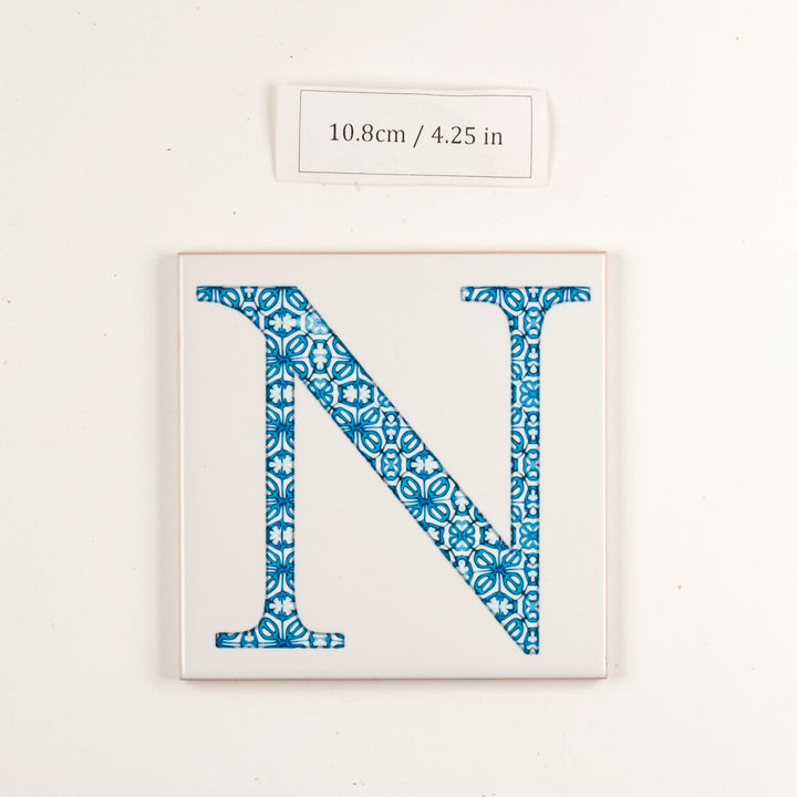 SALE -  Single Ceramic Blue Flower Letter "N" on White (10.8cm)