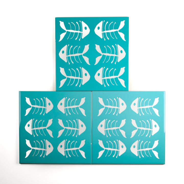 SALE SET of 3 x 20cm blue/teal kitchen tiles with funky bonefish design