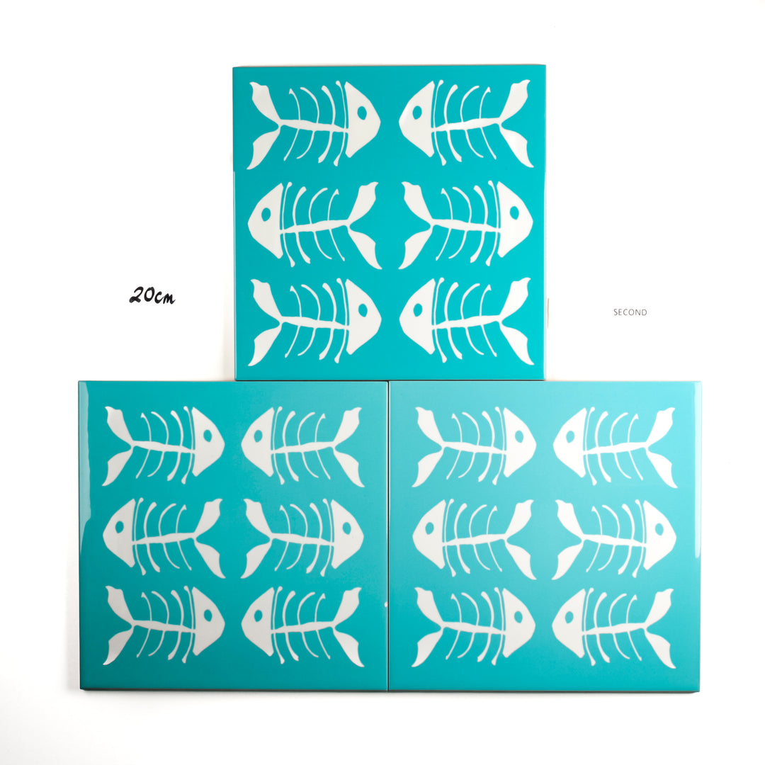 SALE SET of 3 x 20cm blue/teal kitchen tiles with funky bonefish design