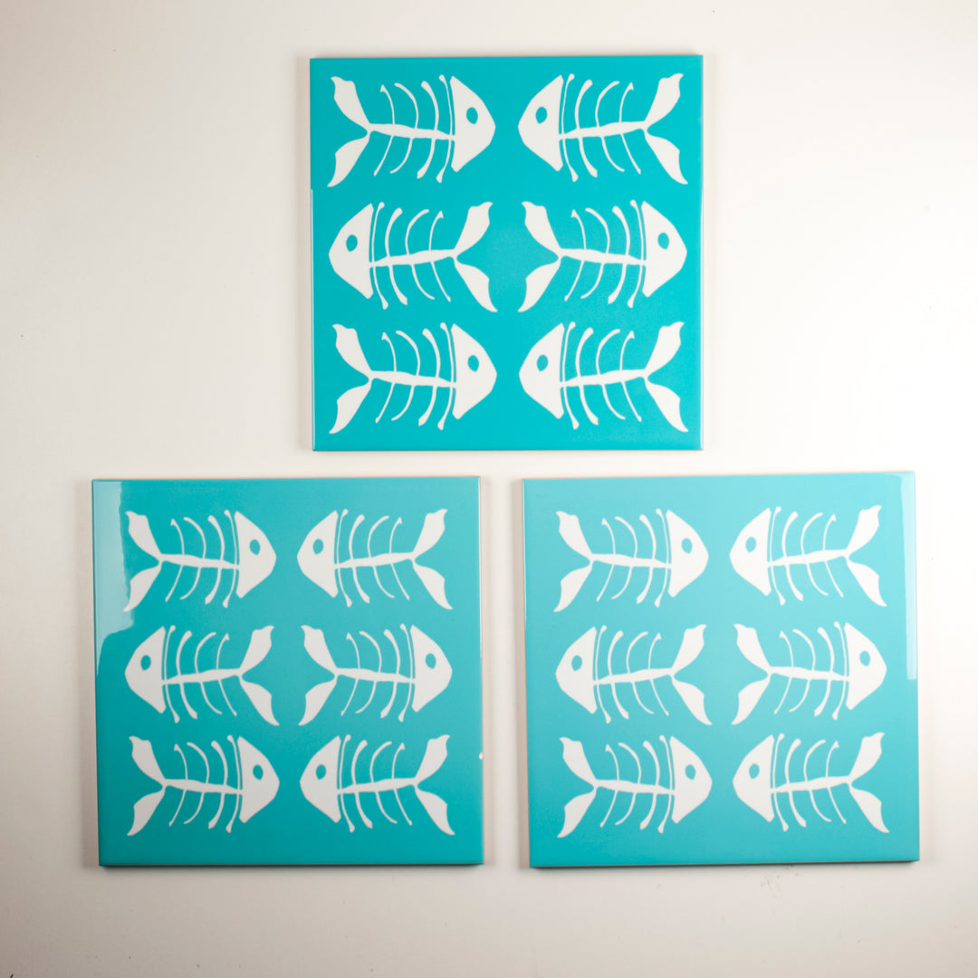 SALE SET of 3 x 20cm blue/teal kitchen tiles with funky bonefish design