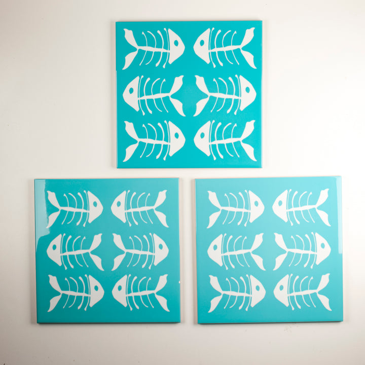 SALE SET of 3 x 20cm blue/teal kitchen tiles with funky bonefish design