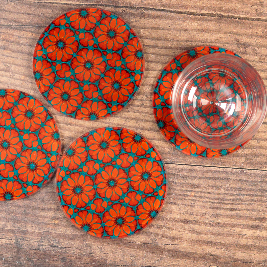 "Red Poppy" - Moroccan Flower - Glass Coaster Set