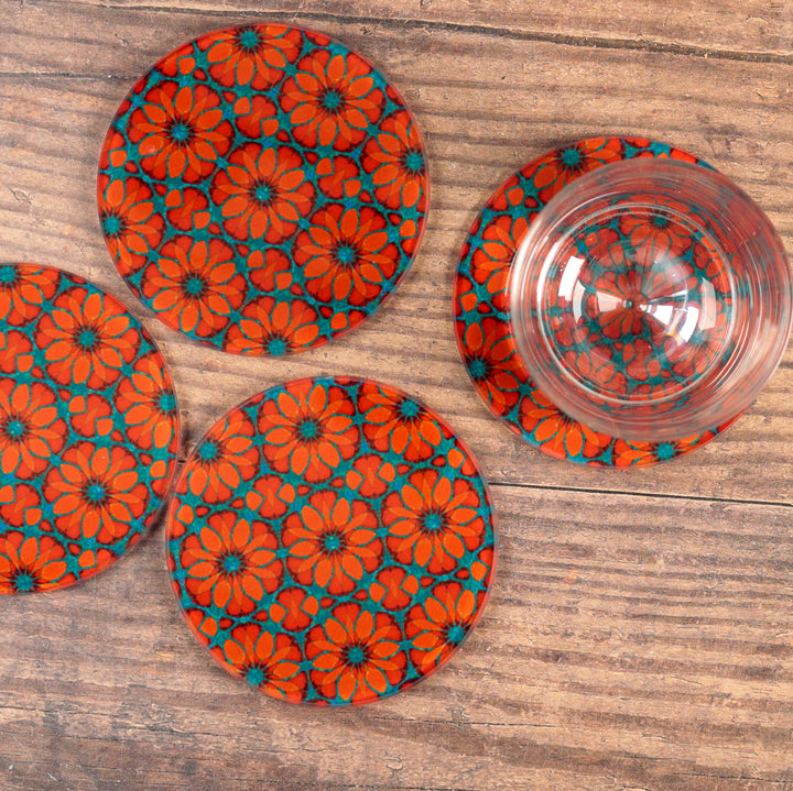 "Red Poppy" - Moroccan Flower - Glass Coaster Set